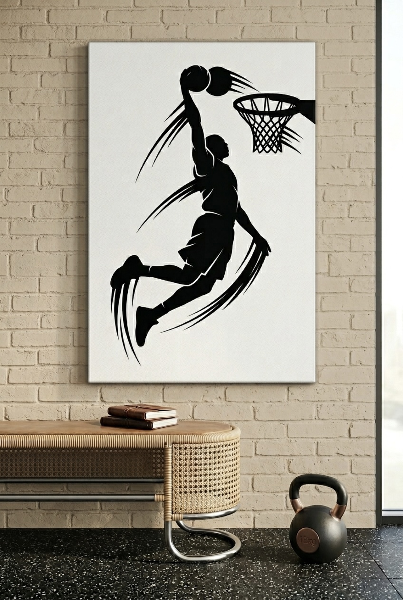 Basketball Slam Dunk Canvas Wall Art in a bright laundry room setting