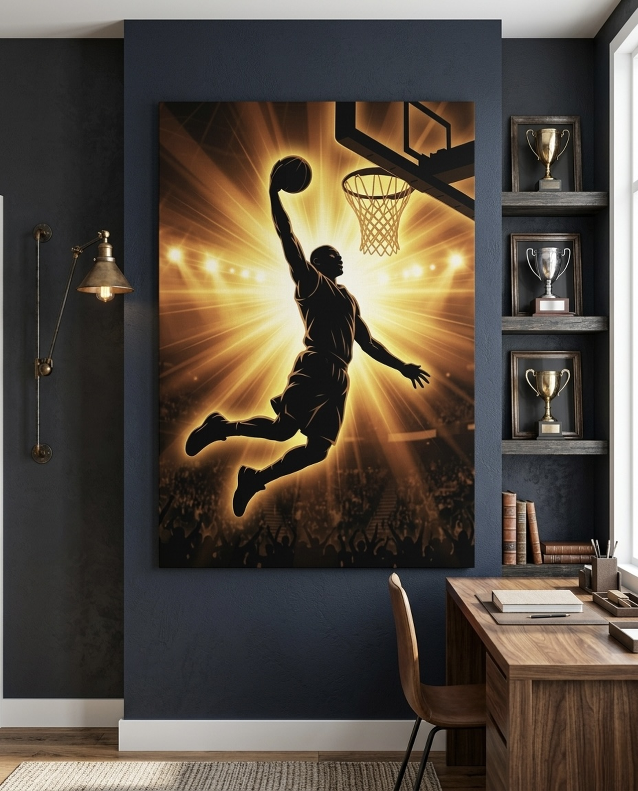Basketball Slam Dunk Silhouette Canvas Wall Art displayed in a modern workspace