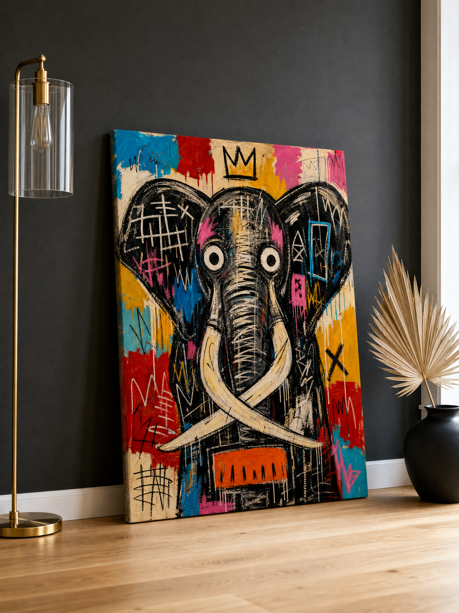 Basquiat style elephant canvas in black turquoise red and mustard hung in a loft living room with exposed brick