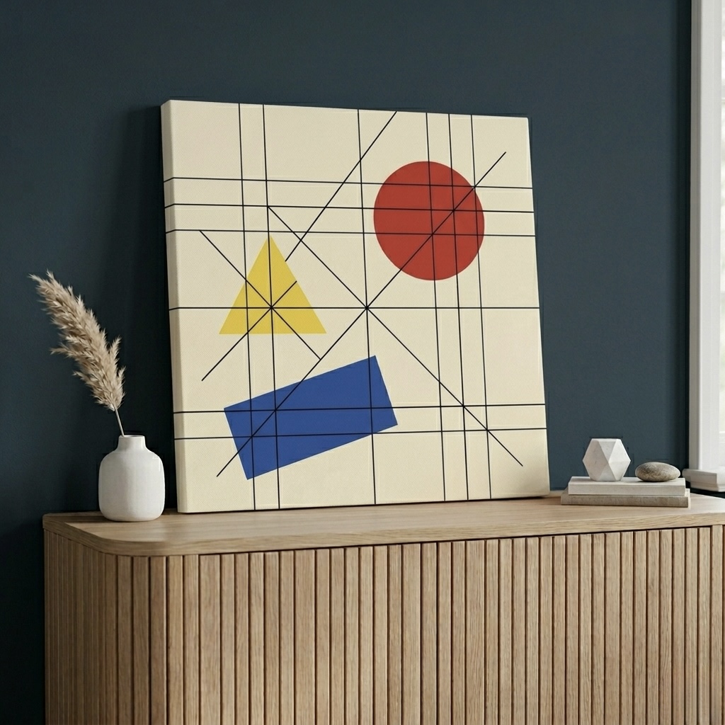 Bauhaus Geometric Shapes Canvas in red, yellow and blue hung on a warm cream living room wall