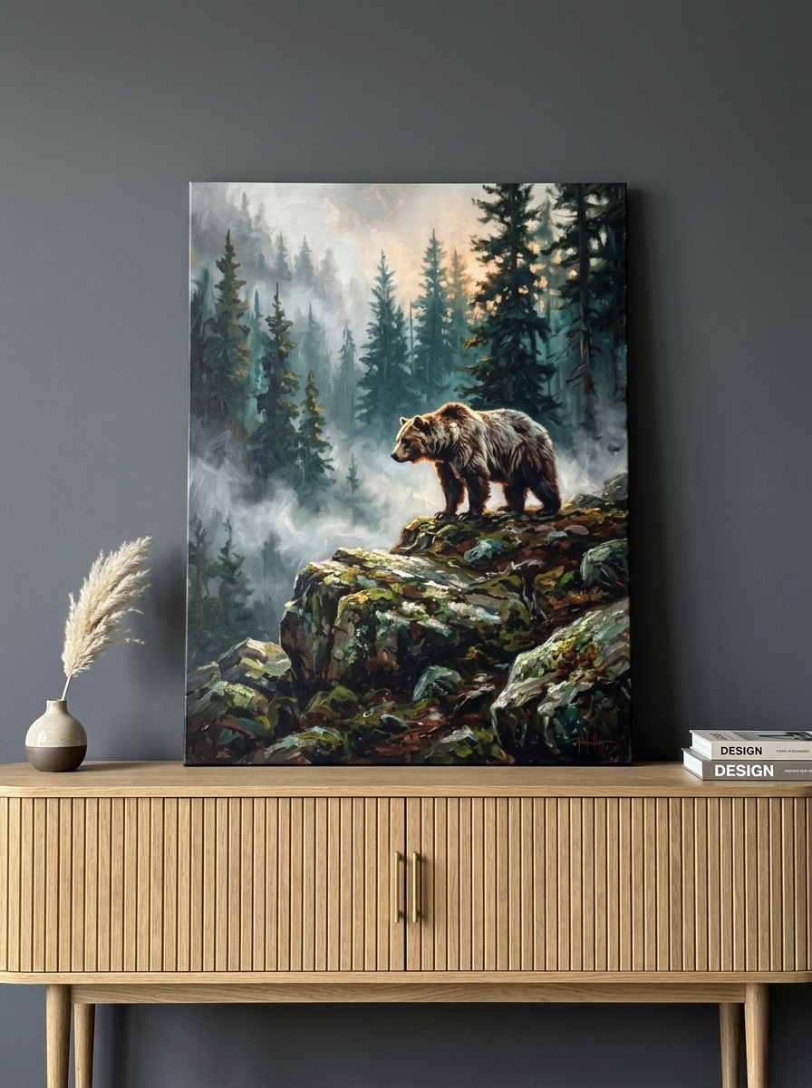 Grizzly bear canvas in misty teal forest hanging in a lodge-style cabin living room with stone fireplace
