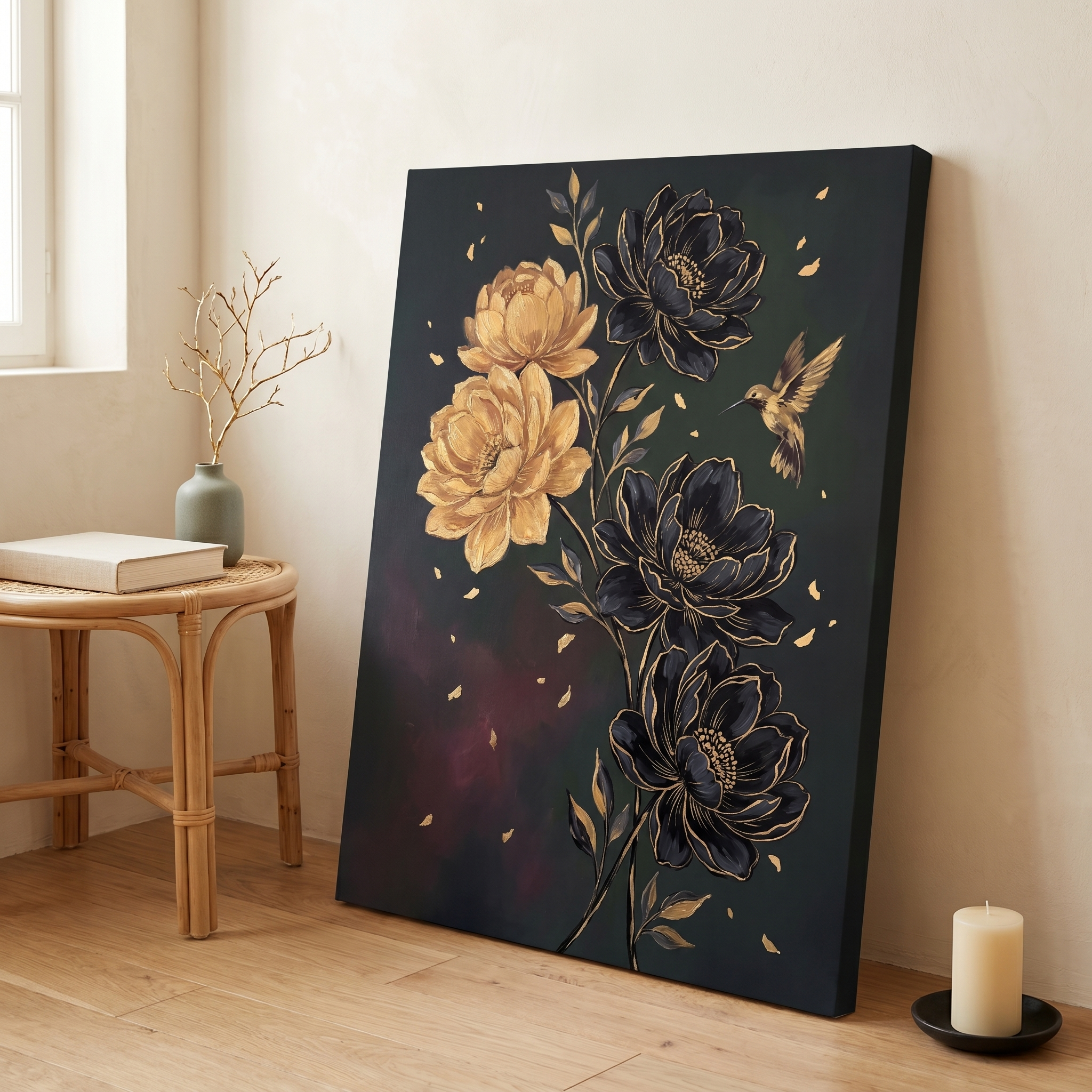 Black and gold ornate floral canvas with hummingbird, hung in modern luxury bedroom