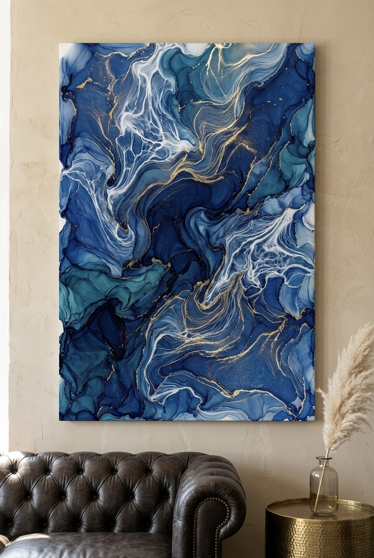 Blue Gold Marble Abstract canvas wall art in an elegant fireplace setting