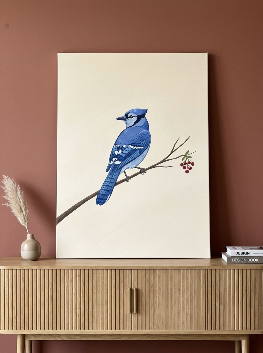 Minimalist blue jay illustration in cobalt and ivory, hanging on a pale gray wall over a modern oak credenza