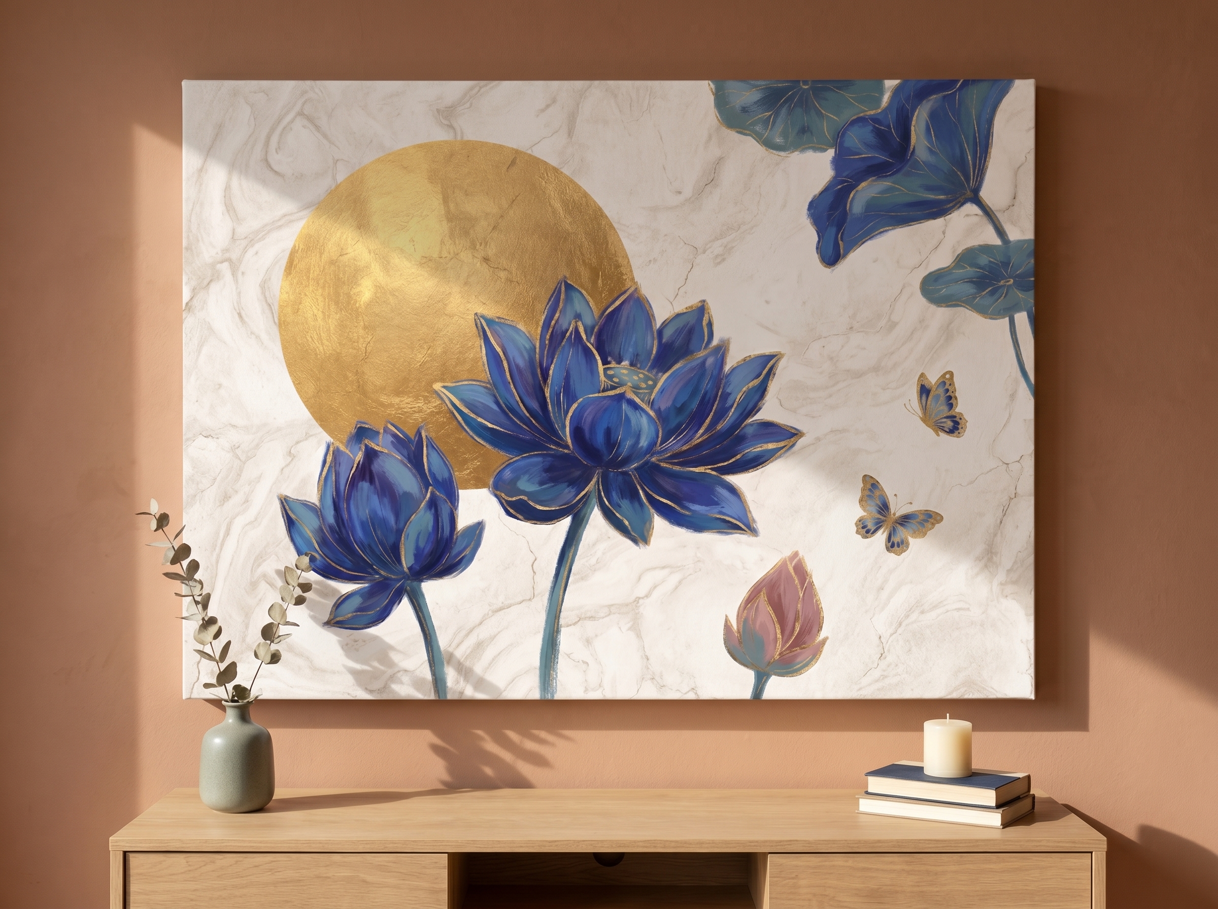 Chinoiserie canvas of a blue lotus blooming under a gold full moon, hanging above a carved wood console in an elegant living room
