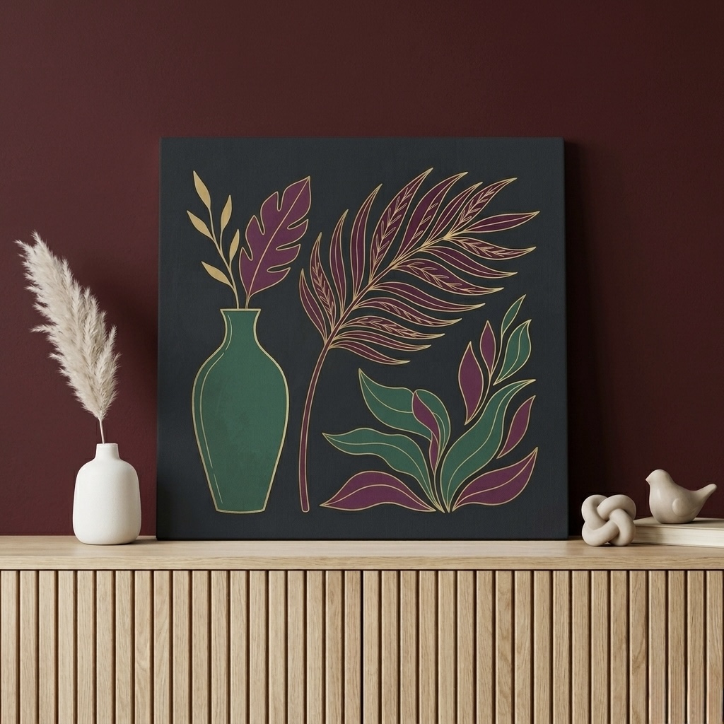 Tropical Botanical Vase Canvas Wall Art, dark Art Deco green and gold leaves in a moody dining room