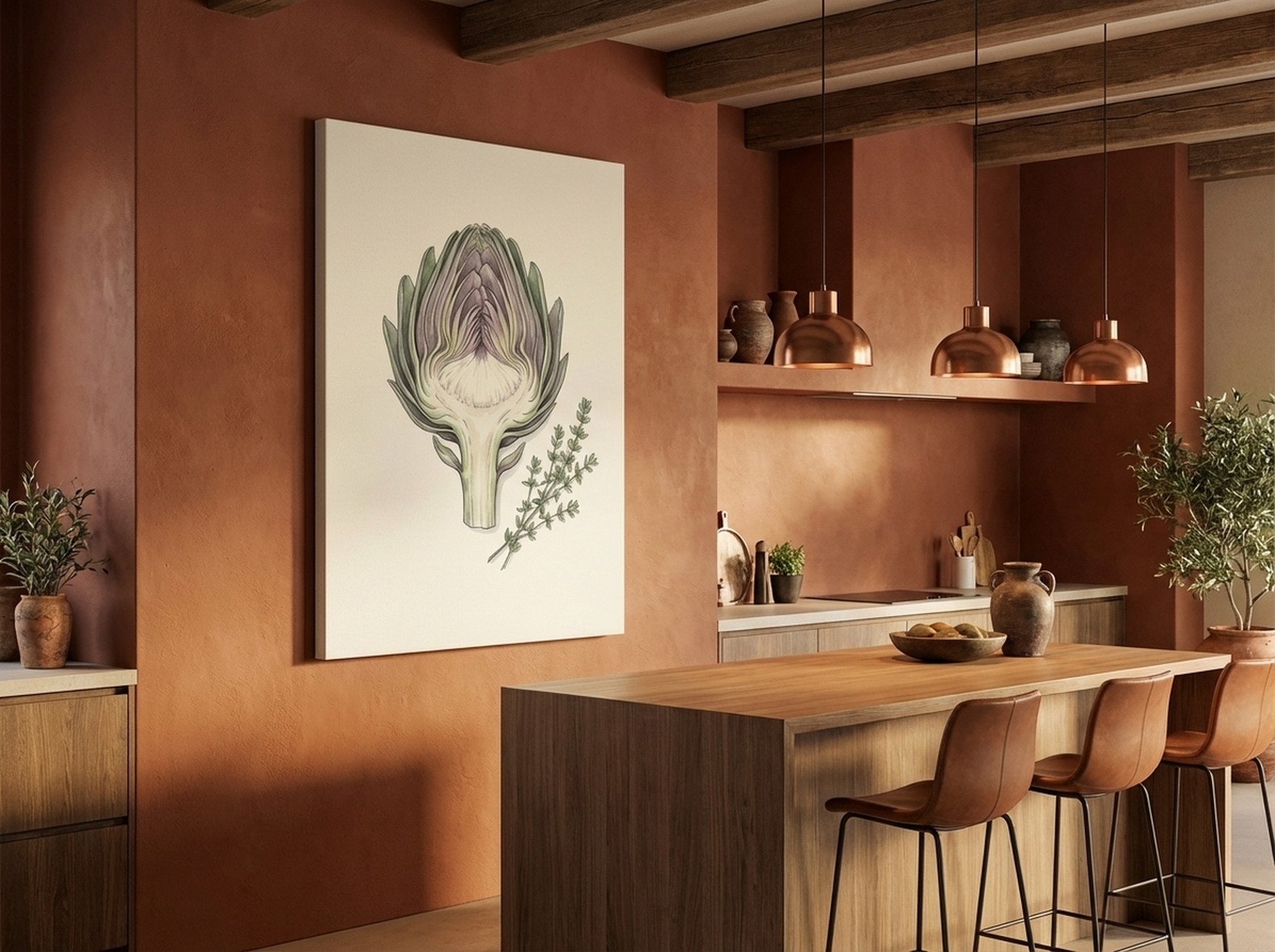 Artichoke Botanical Canvas Wall Art hanging on a wall in a beautiful room