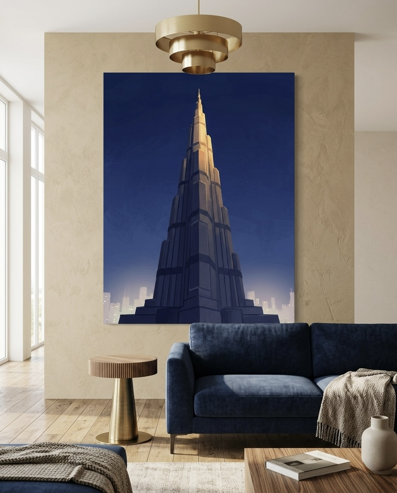 Burj Khalifa inspired canvas wall art displayed above a modern fireplace mantel