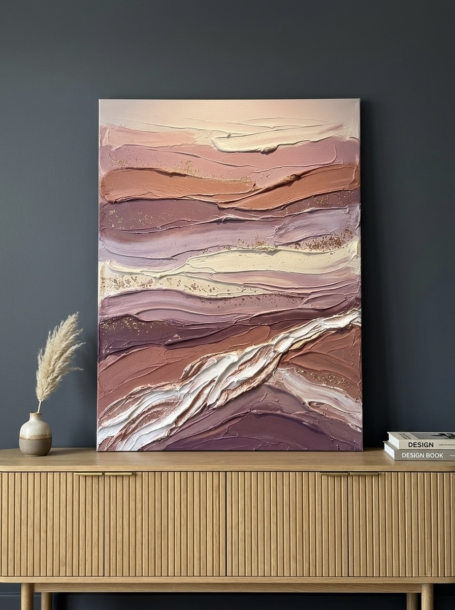 Canyon strata impasto canvas wall art with thick textured earth tone bands of rust, ochre and cream, mounted above a linen sofa