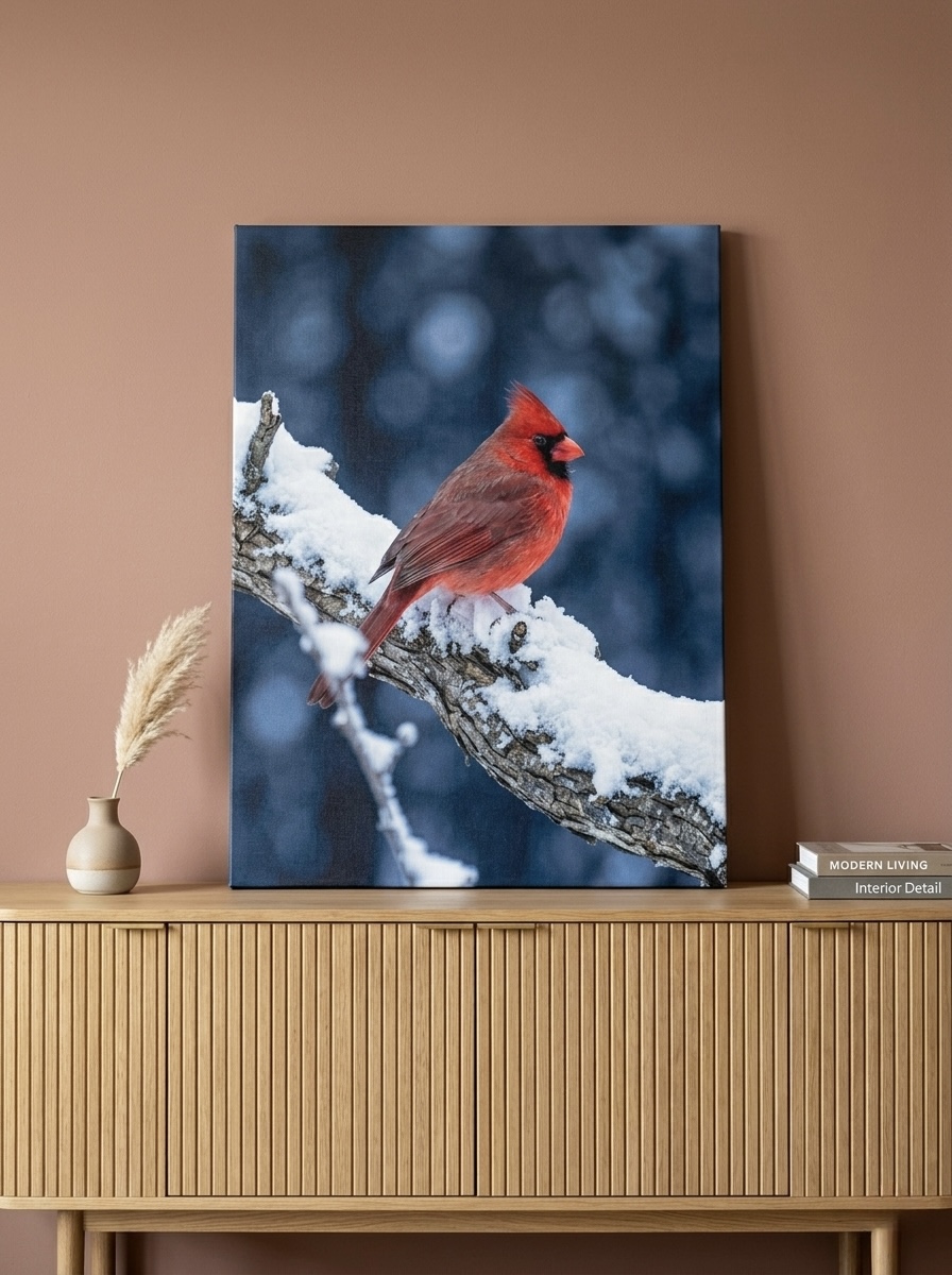 Red cardinal perched on a snowy pine branch, framed canvas styled on a warm white wall above a wood console