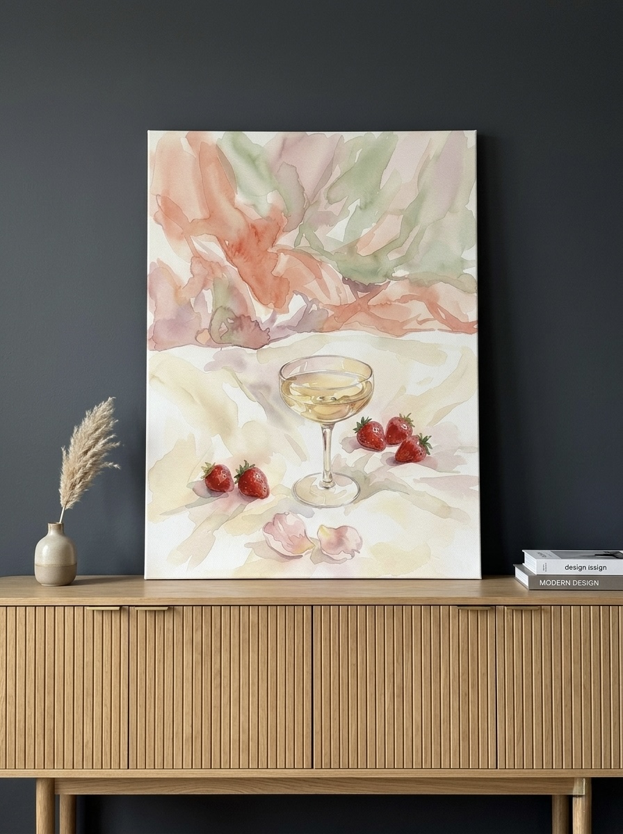 Champagne Strawberry watercolor canvas wall art in blush pink, coral and gold tones styled in a soft bedroom as a fifteenth anniversary crystal-themed gift
