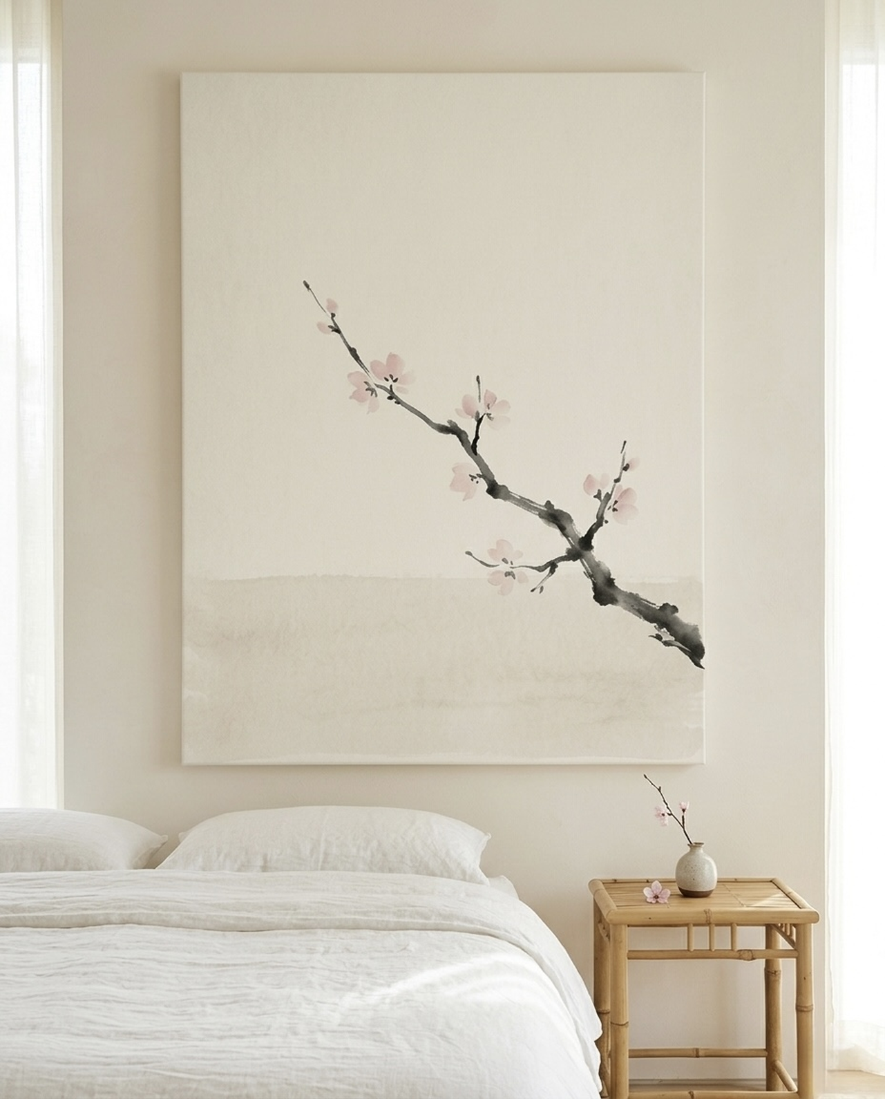Cherry Blossom ink wash canvas wall art in dark moody bedroom