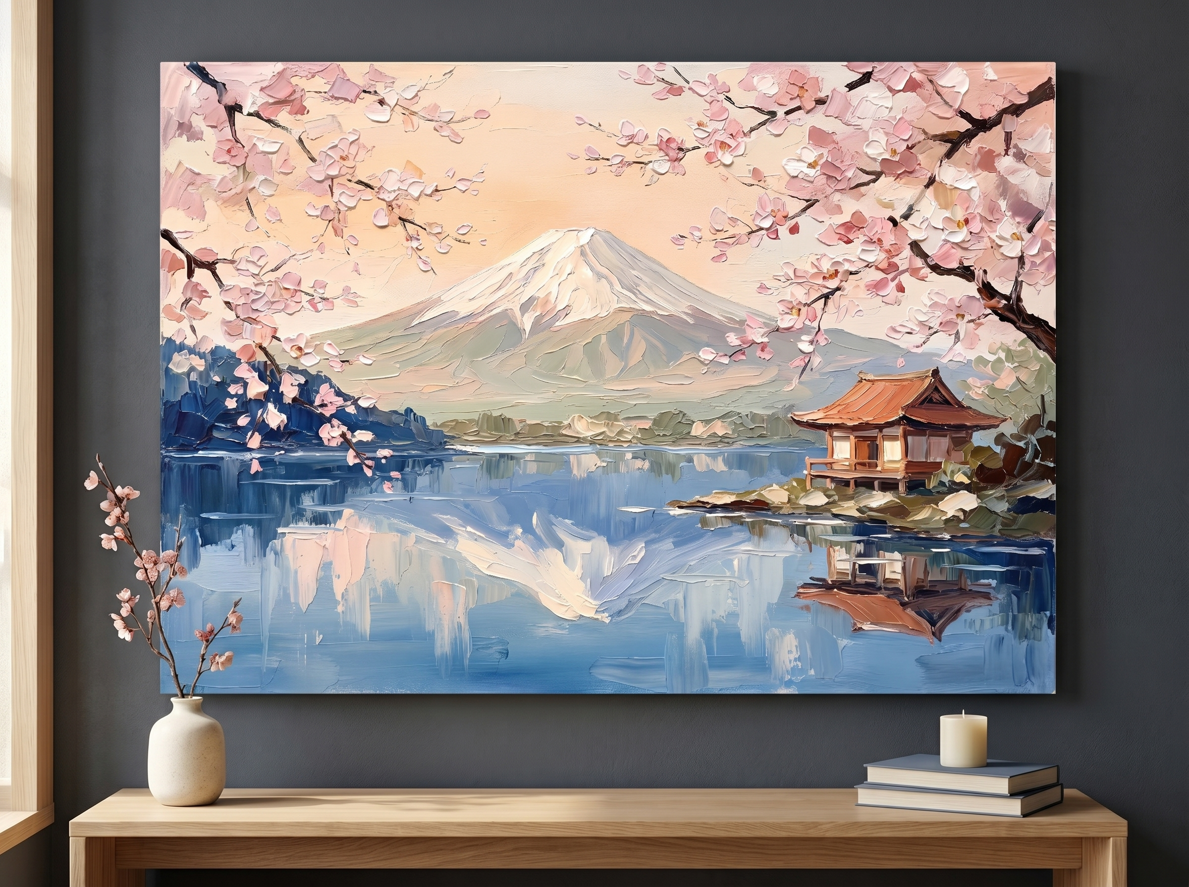 Cherry Blossom Mountain Lake Canvas Wall Art impasto pink sunrise landscape painting with thick textured brushstrokes on a soft blush living room wall