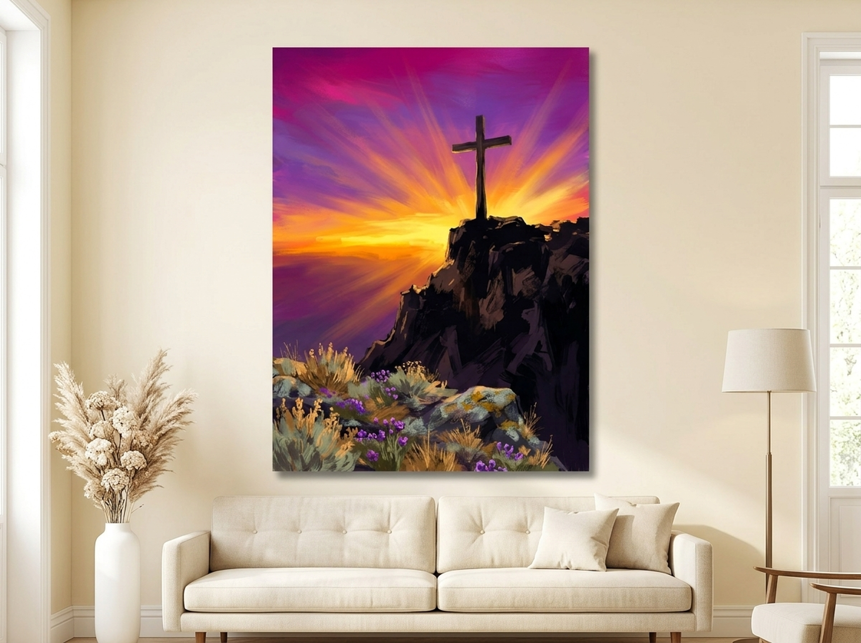 Cinematic cross cliff sunset canvas wall art in magenta and violet tones displayed in a bright living room