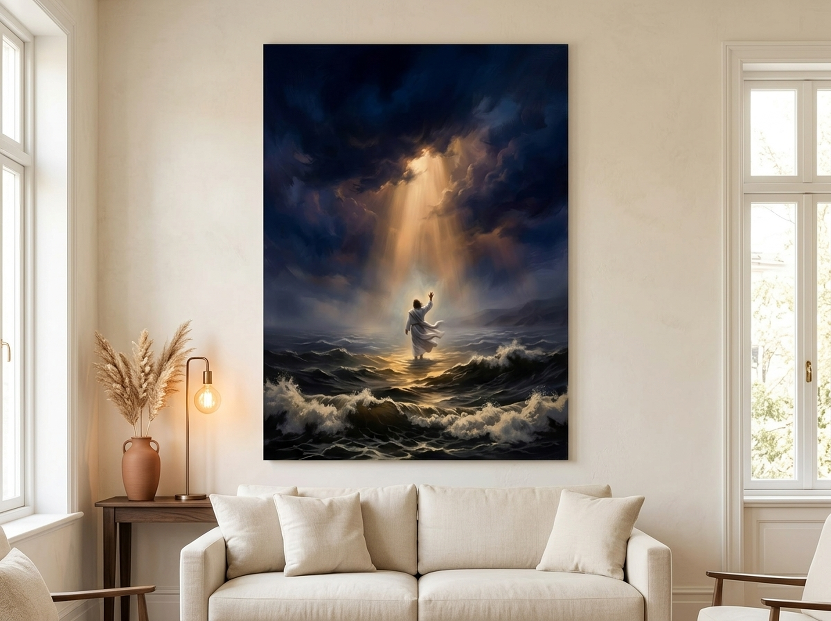 Jesus walking on water cinematic canvas wall art in indigo blue tones in a faith-inspired living room