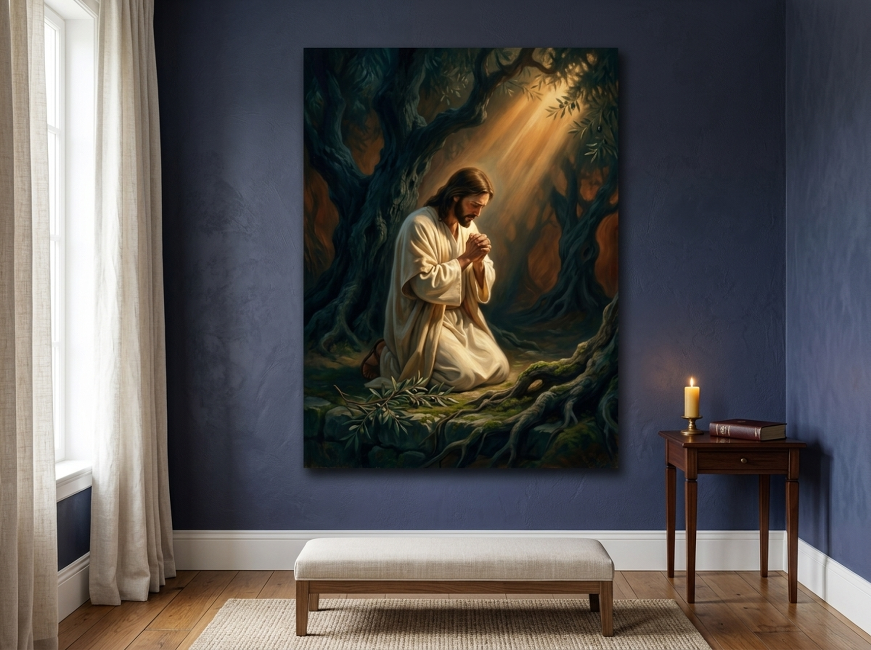 Jesus walking on water cinematic canvas wall art displayed in a navy and indigo styled room