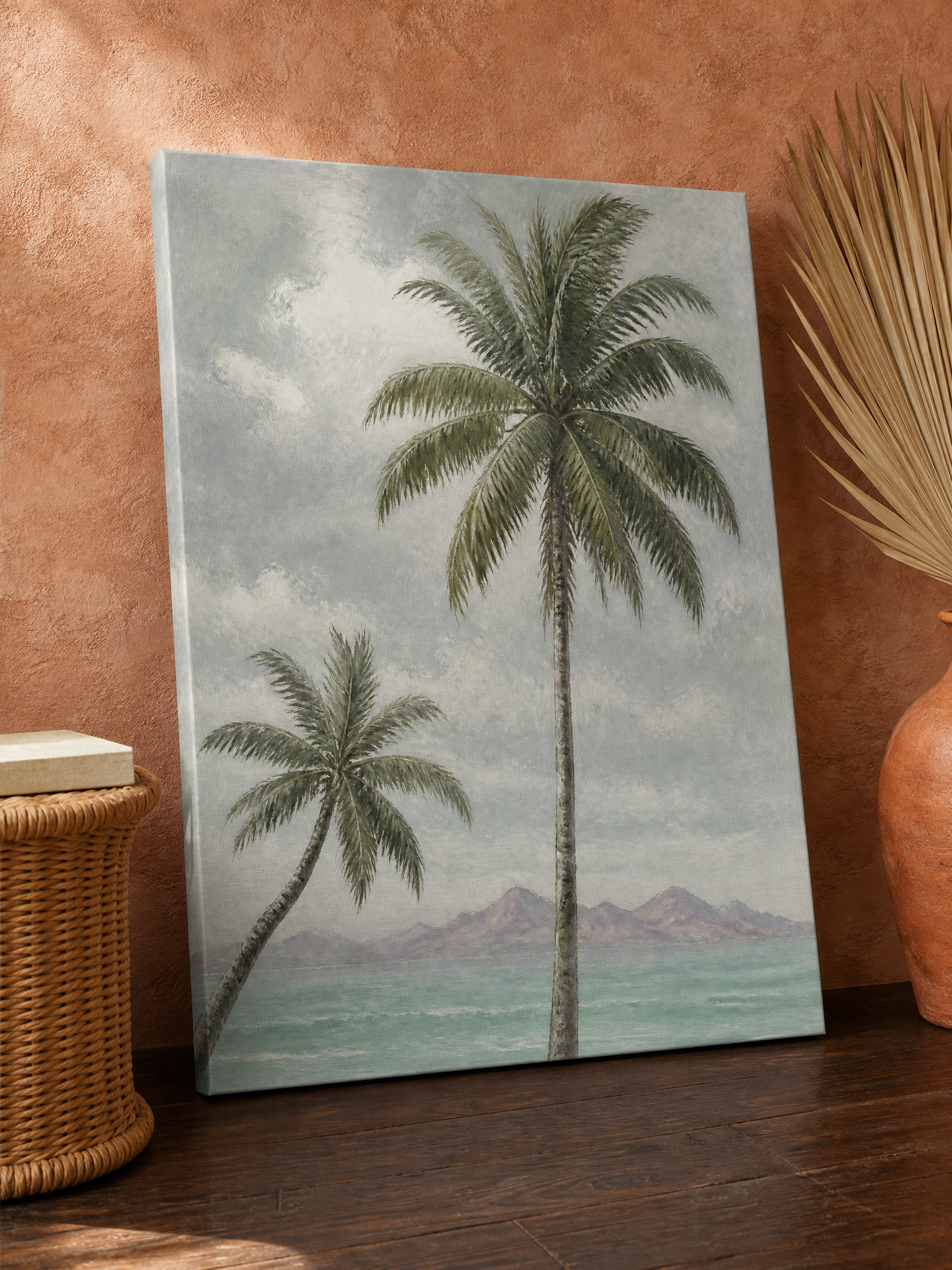 Muted sage and seafoam palm tree canvas above a rattan console in a soft coastal living room