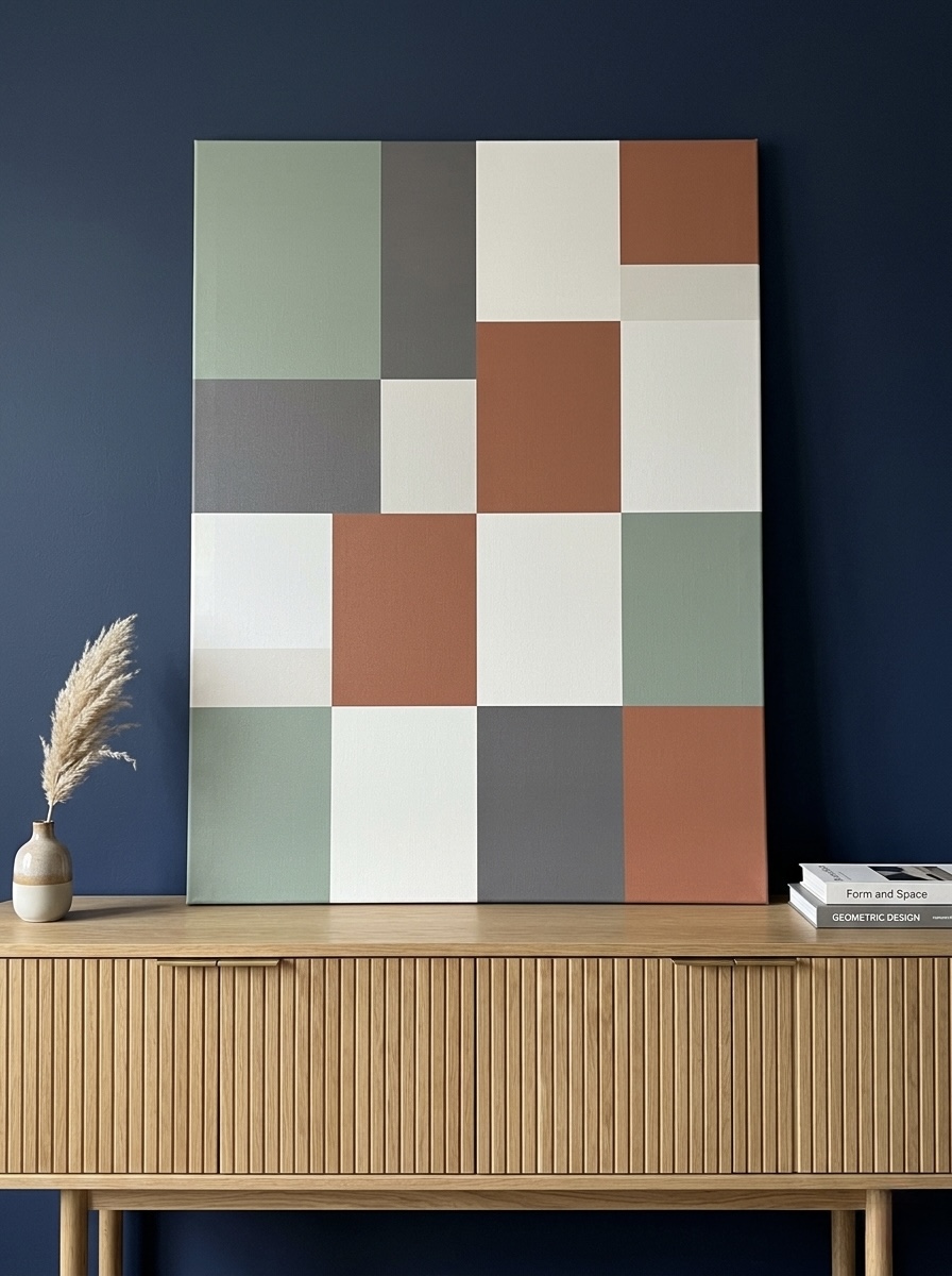 Color Block Grid Abstract Canvas in sage, terracotta, charcoal and cream over a cream sofa