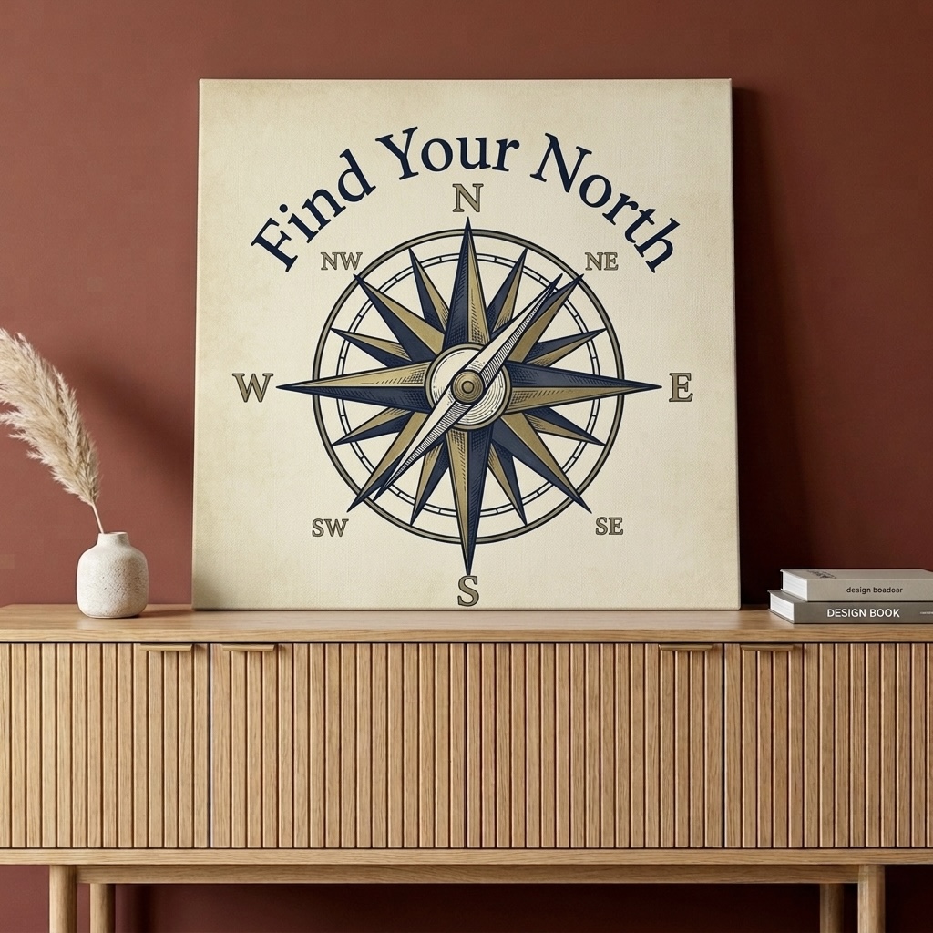 Compass Rose Find Your North Canvas Wall Art in navy and gold, nautical framed print for a study or first office