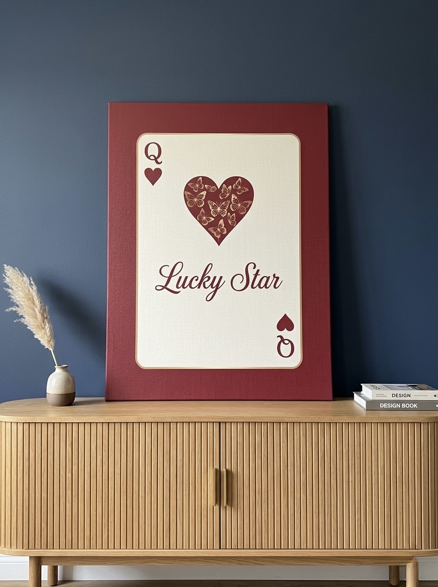 Coquette Lucky Star burgundy and gold butterfly canvas styled above a feminine bedroom vanity with cream curtains and a vintage mirror