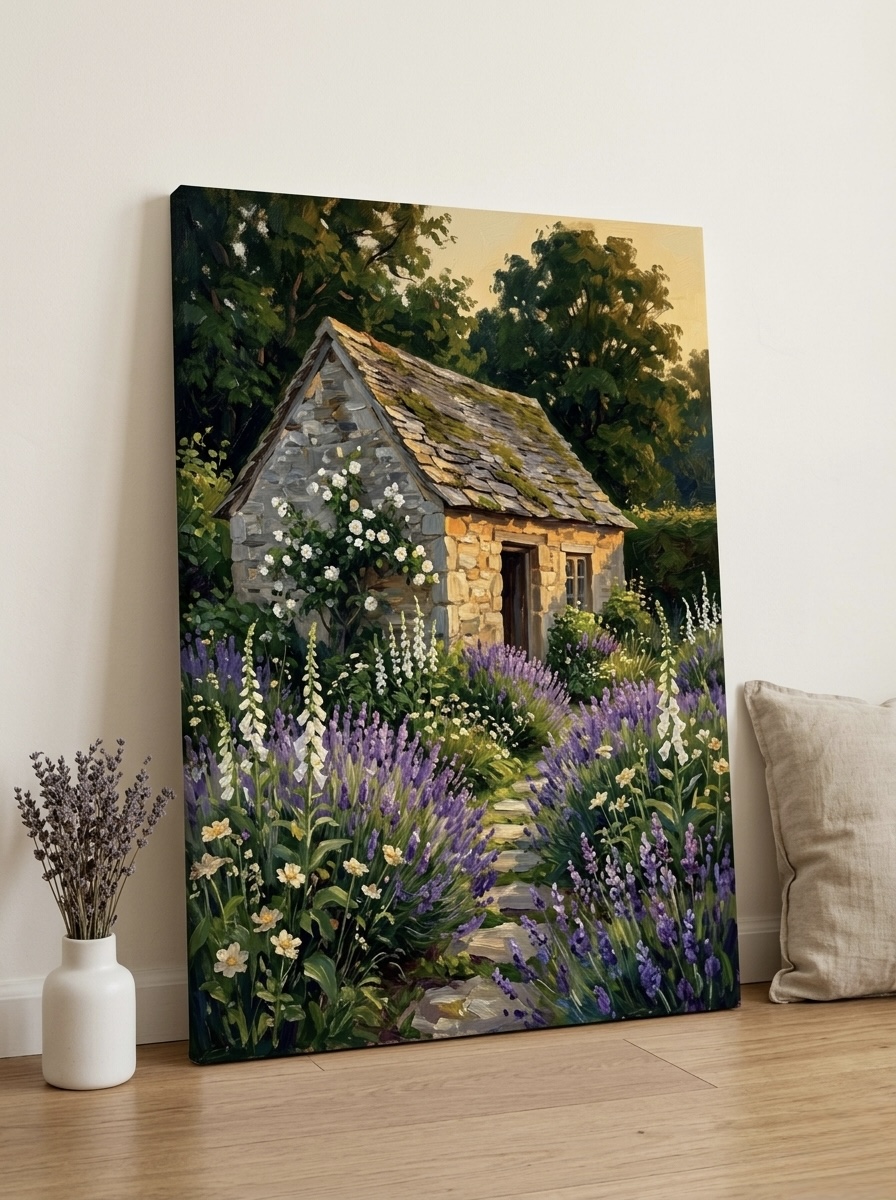 Cottage Garden Lavender canvas wall art in purple, lavender, blush rose and sage green styled in a sunlit cottage bedroom as a golden fiftieth anniversary gift