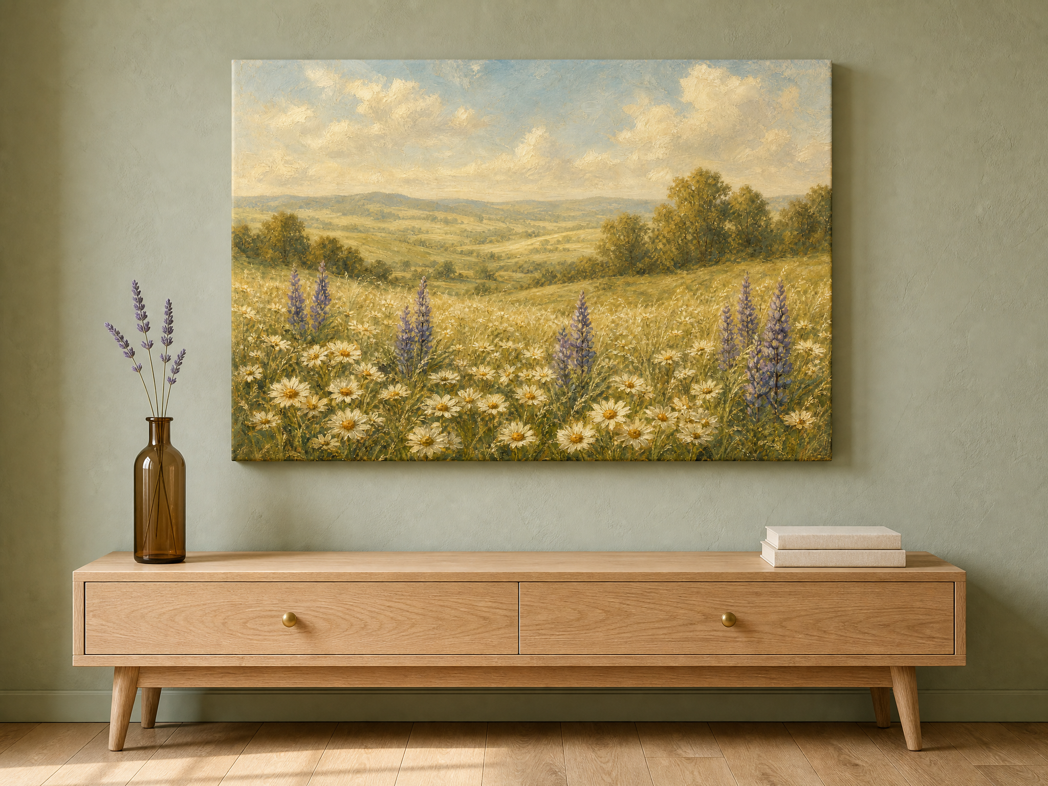 Cream Daisy Lavender Lupine Meadow Canvas Wall Art vintage pastoral landscape print with soft cream and lavender tones styled on a blush pink wall