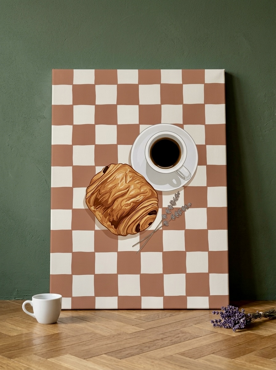 Croissant and coffee French bistro canvas in terracotta golden cream and coffee brown over a breakfast nook table