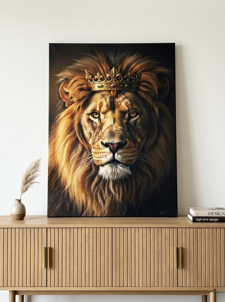 Crowned Lion Regal Strength oil painting canvas in warm gold, amber and deep brown, hung centered at 57 inches in an entryway above a slim walnut console with a brass table lamp