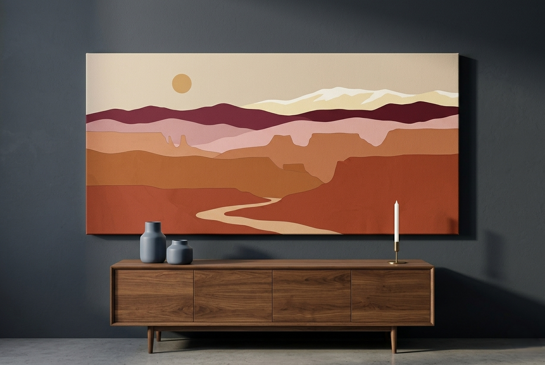 Geometric collage canvas of a desert canyon landscape with warm rust and sand tones, hung above a wooden mid-century console