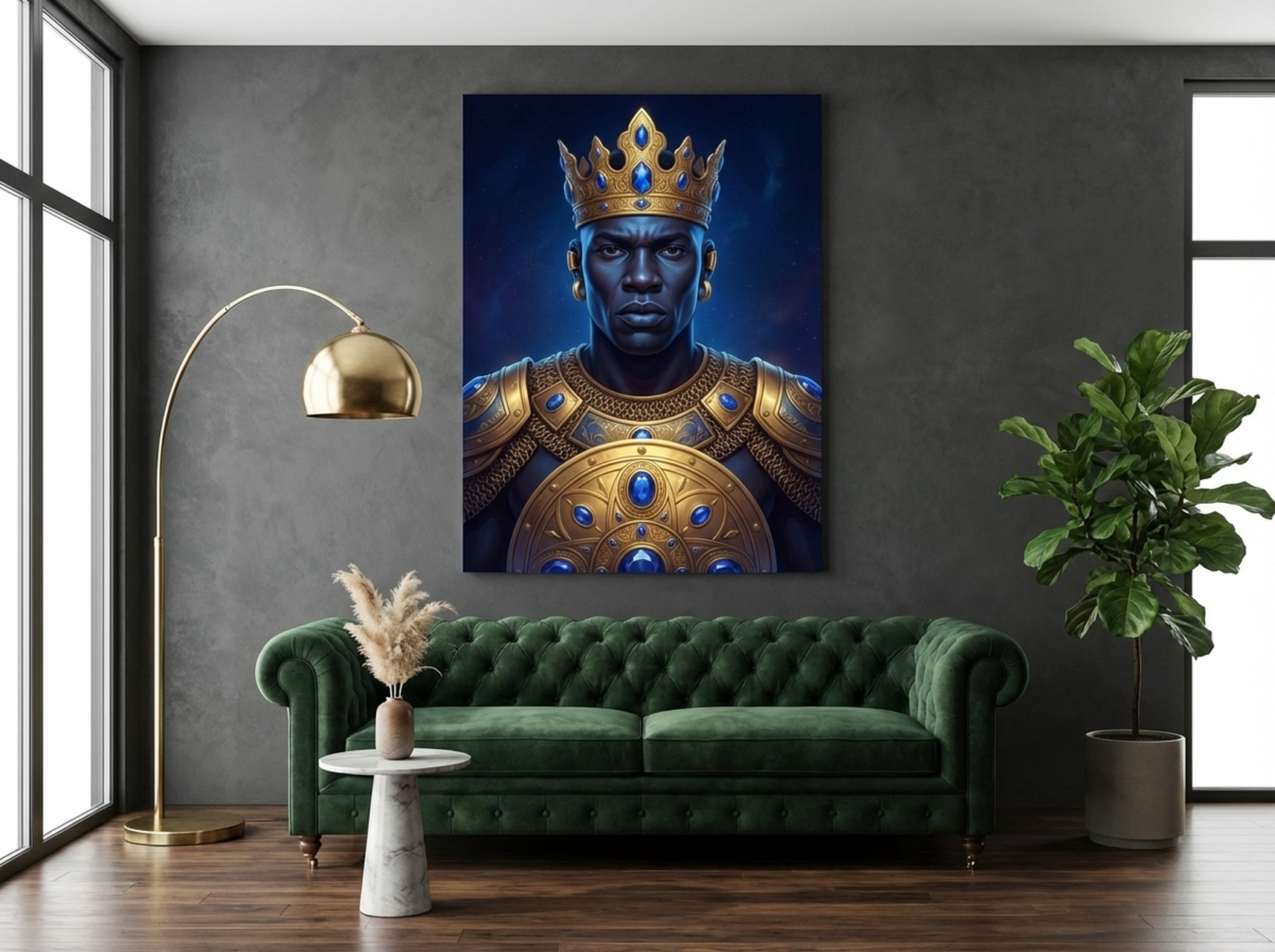 African Warrior King Canvas Wall Art in gold armor on a beige wall