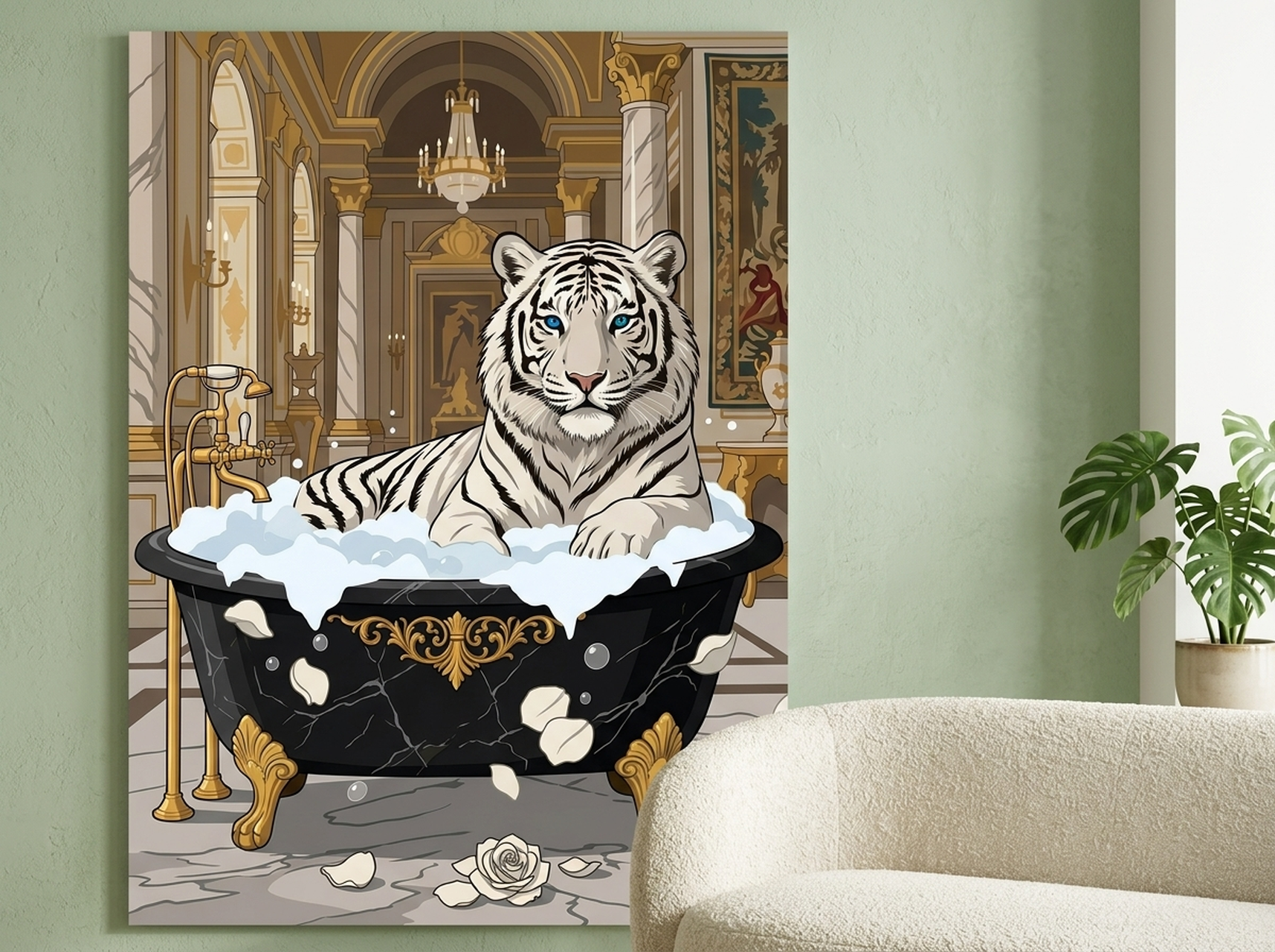 White tiger marble bathtub digital art canvas creating a luxurious focal point in a tall room