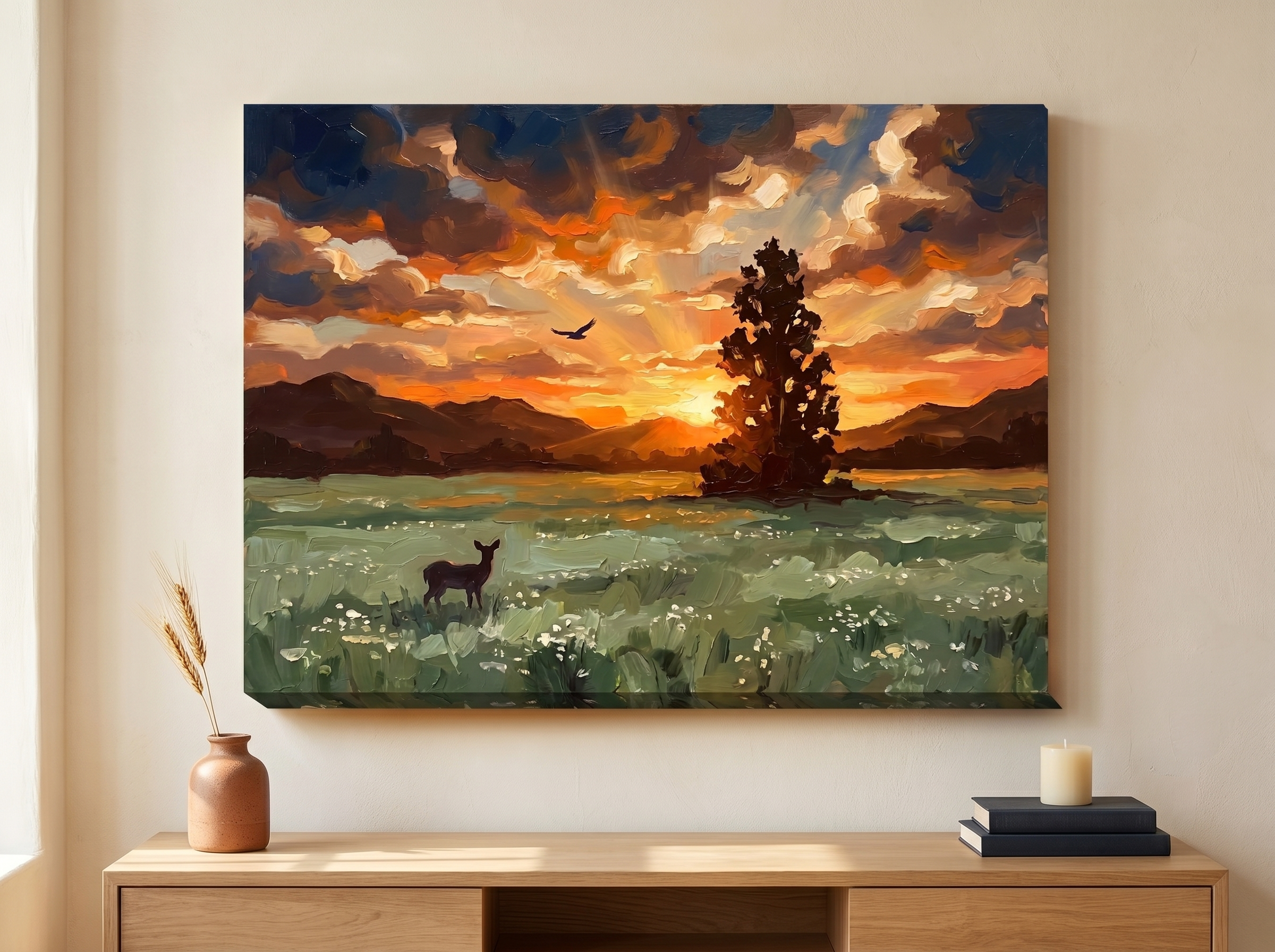 Painterly sunset tree silhouette canvas in navy and amber above a wooden console in a warm room