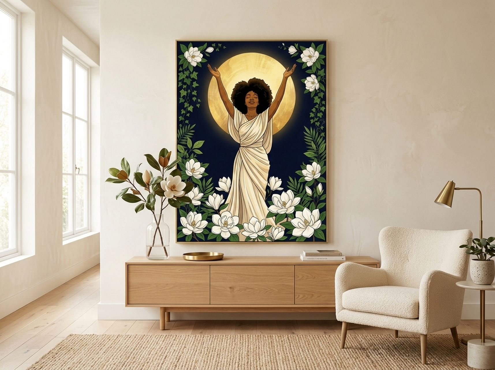 Jesus embrace spiritual canvas wall art in navy and gold tones in a warm living room setting