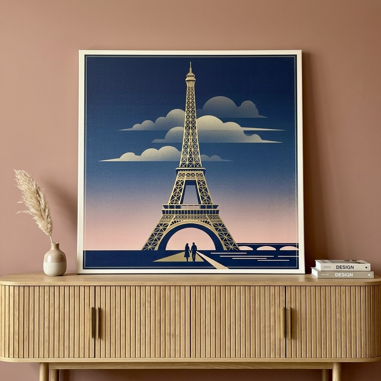 Eiffel Tower Paris Vintage Poster Canvas Wall Art in living room with warm lighting