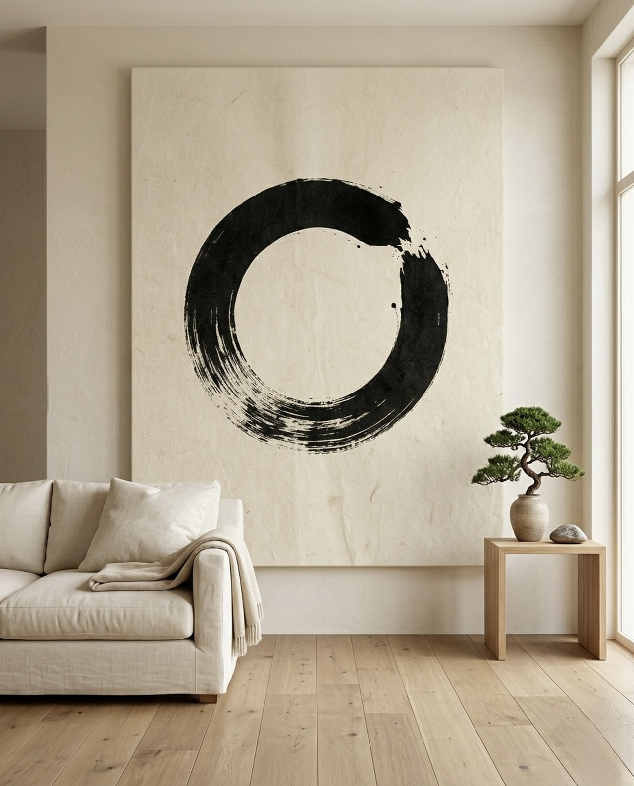 Enso circle Japanese zen ink canvas art displayed in a minimalist modern room