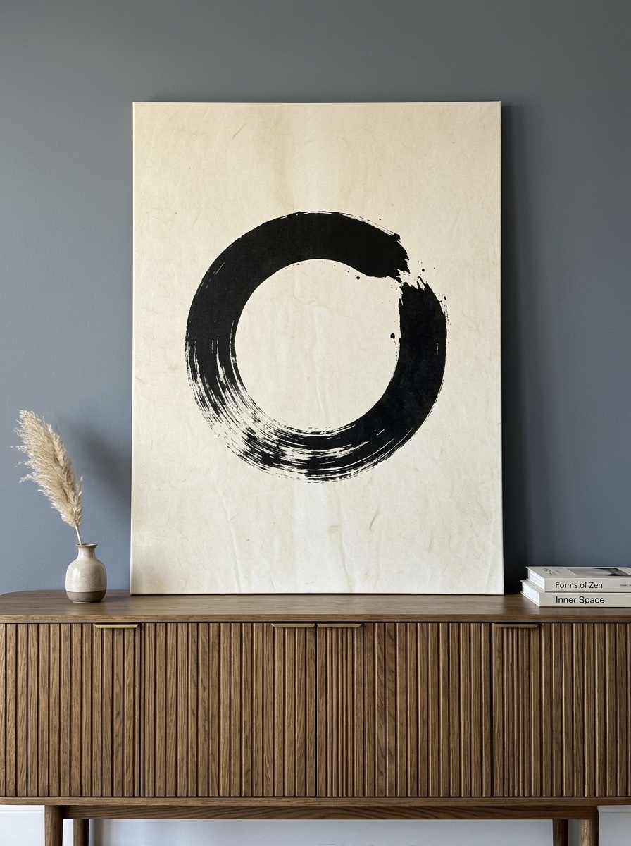 Enso Circle Zen Ink canvas with a single black brushstroke circle on cream, hung in a serene meditation room