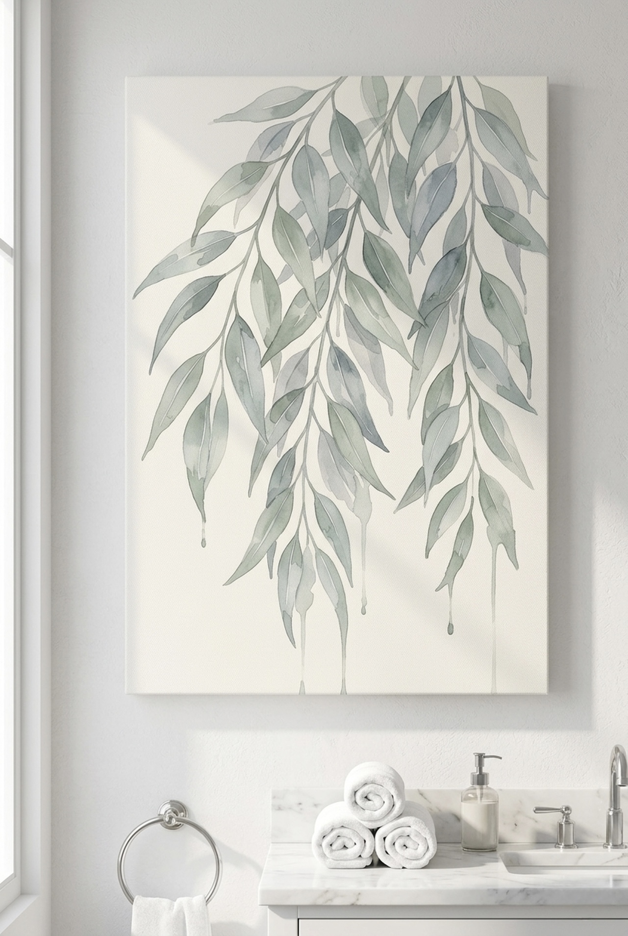 Soft watercolor eucalyptus branches portrait canvas in sage and cream hung in a bright modern bathroom with marble vanity