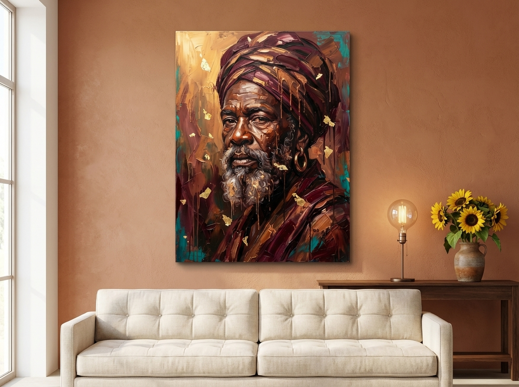 African Elder Portrait Canvas Wall Art in burgundy and bronze expressionist style on a beige wall