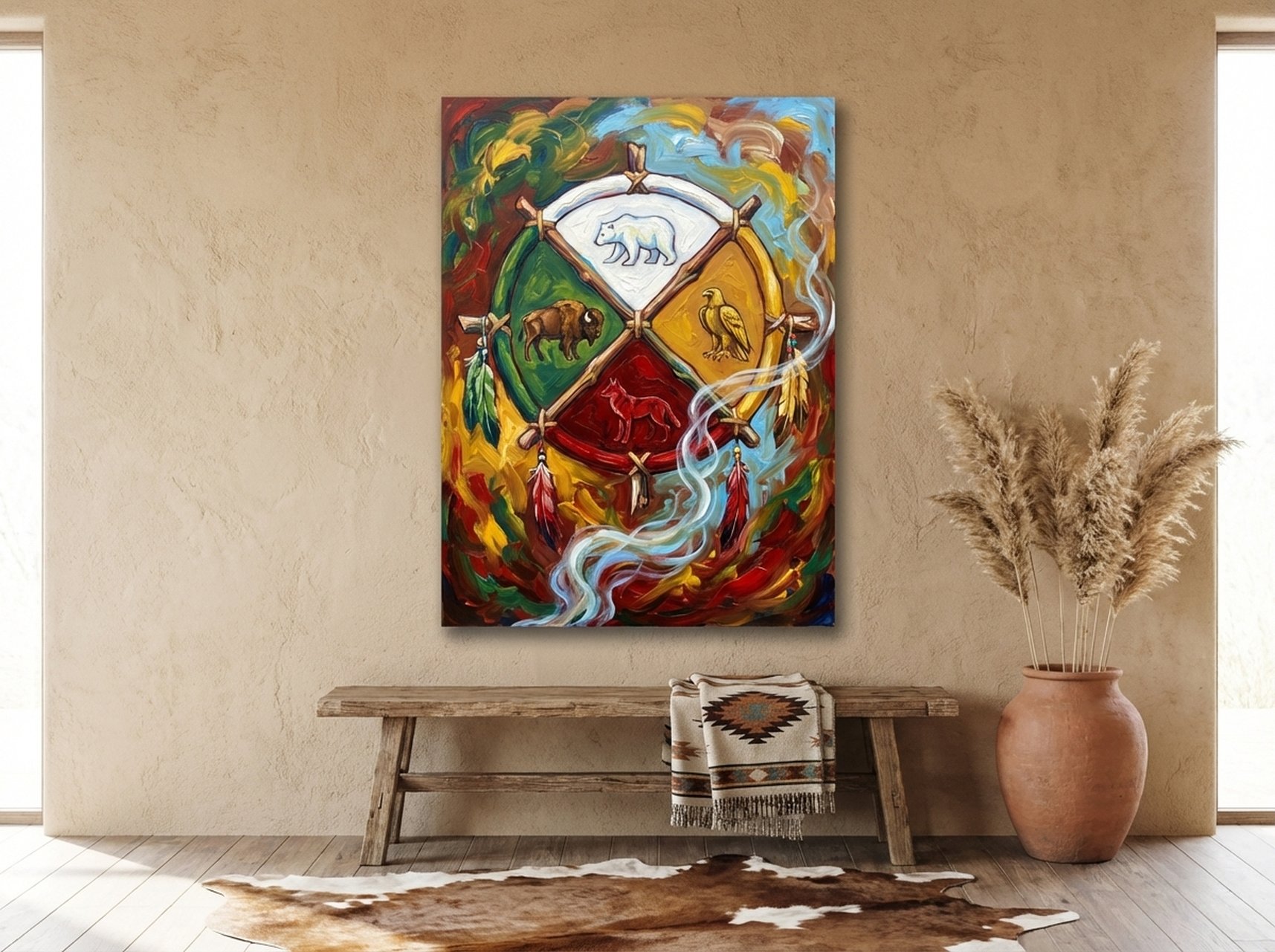 Medicine Wheel Canvas Wall Art Native American expressionist art in earth tones on a beige wall
