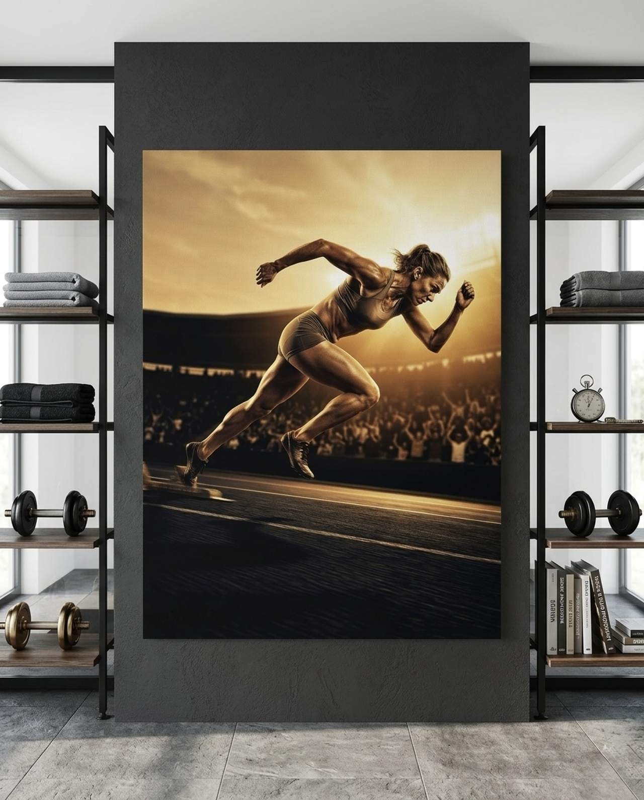 Female Sprinter Canvas Wall Art displayed in a modern workspace