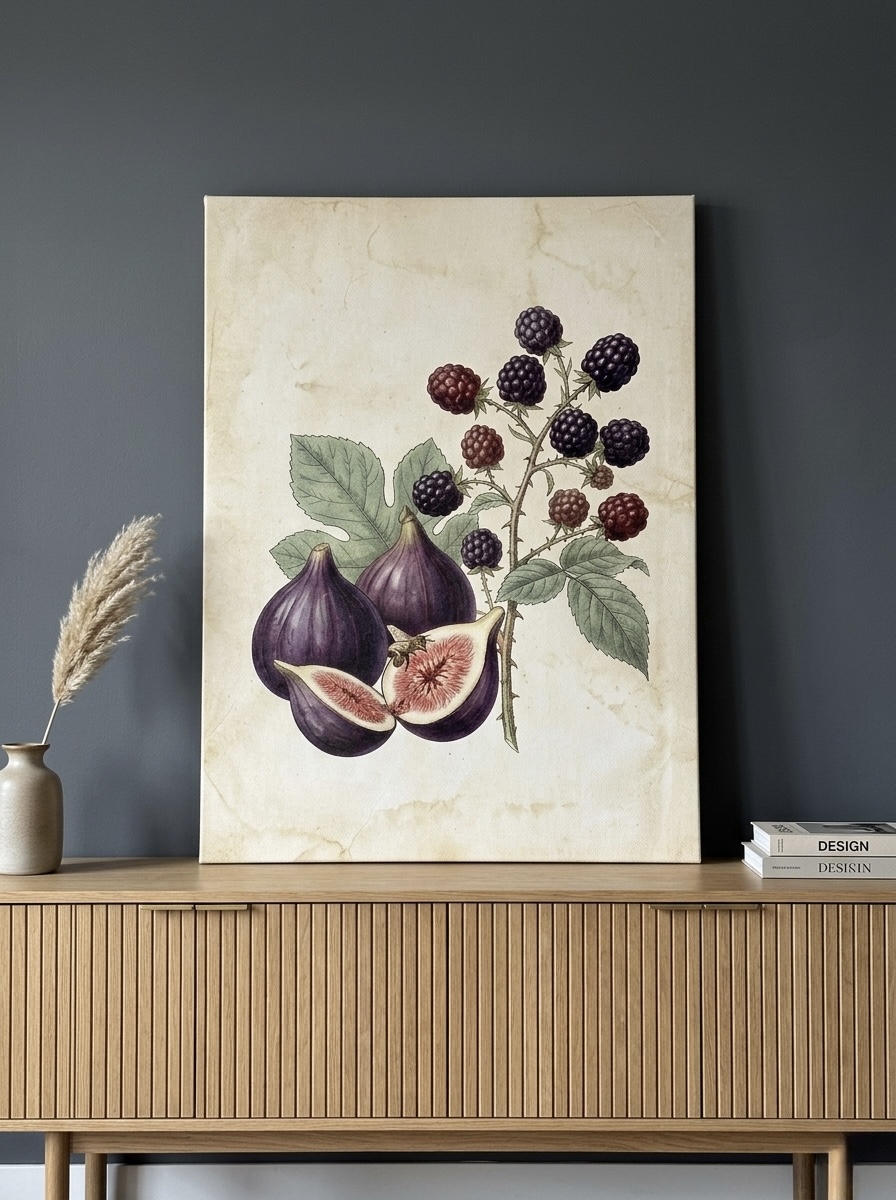 Figs and Blackberries canvas wall art in cream, burgundy, and sage green framed print styled in a vintage dining room