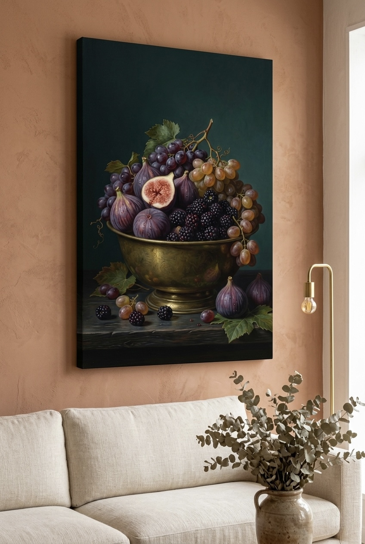 Figs Blackberries Grapes Still Life Canvas Wall Art Dutch Master style in a living room