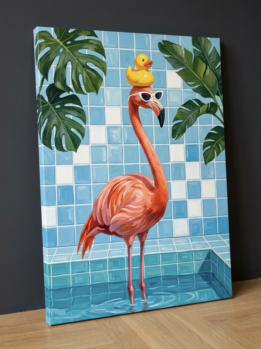 Flamingo Pool Canvas Wall Art, coral pink and turquoise summer print displayed in a sunny bathroom