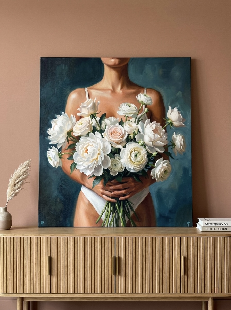 Teal floral figure oil painting canvas print leaning against a cabinet in a bright room