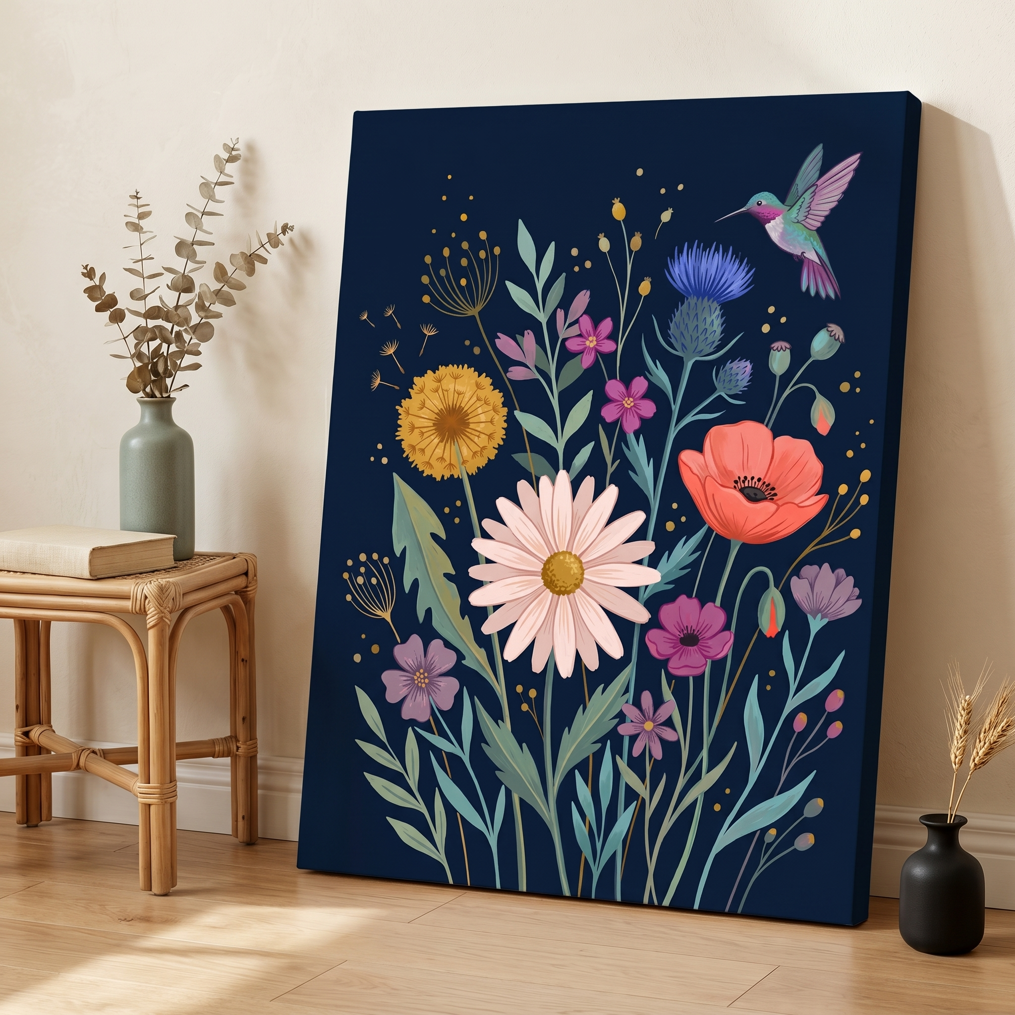 Folk Wildflower Hummingbird Canvas Wall Art vibrant navy and blush botanical folk art print displayed on a dusty pink living room wall