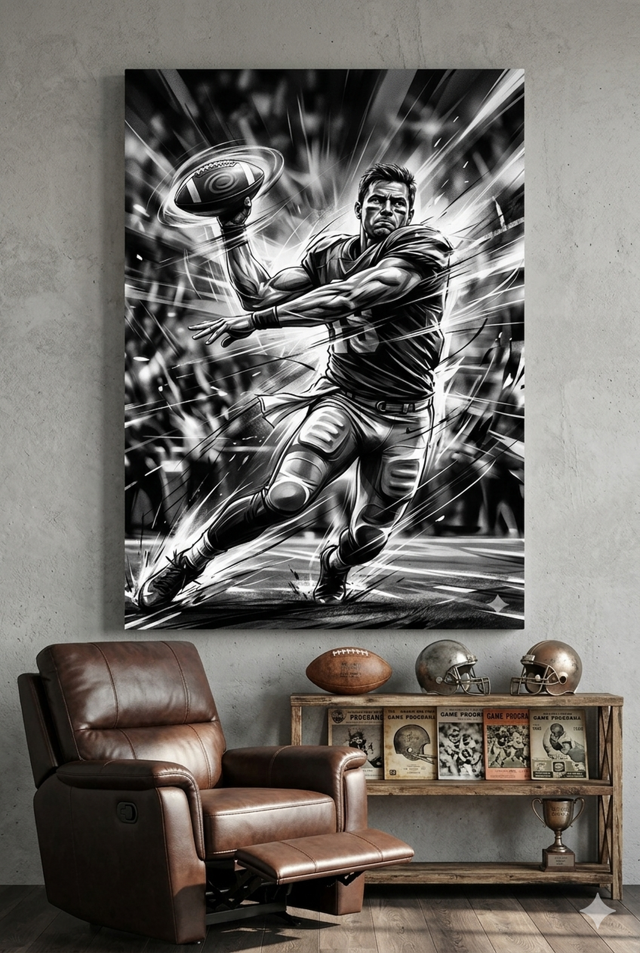 Football Player Canvas Wall Art dynamic sports print in a home gym setting
