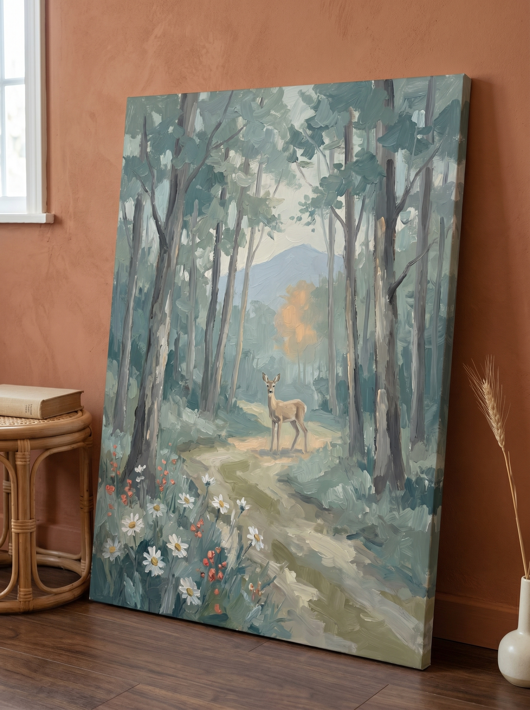 Vintage sage woodland canvas featuring a deer on a wildflower path in a cozy living room with leather chair