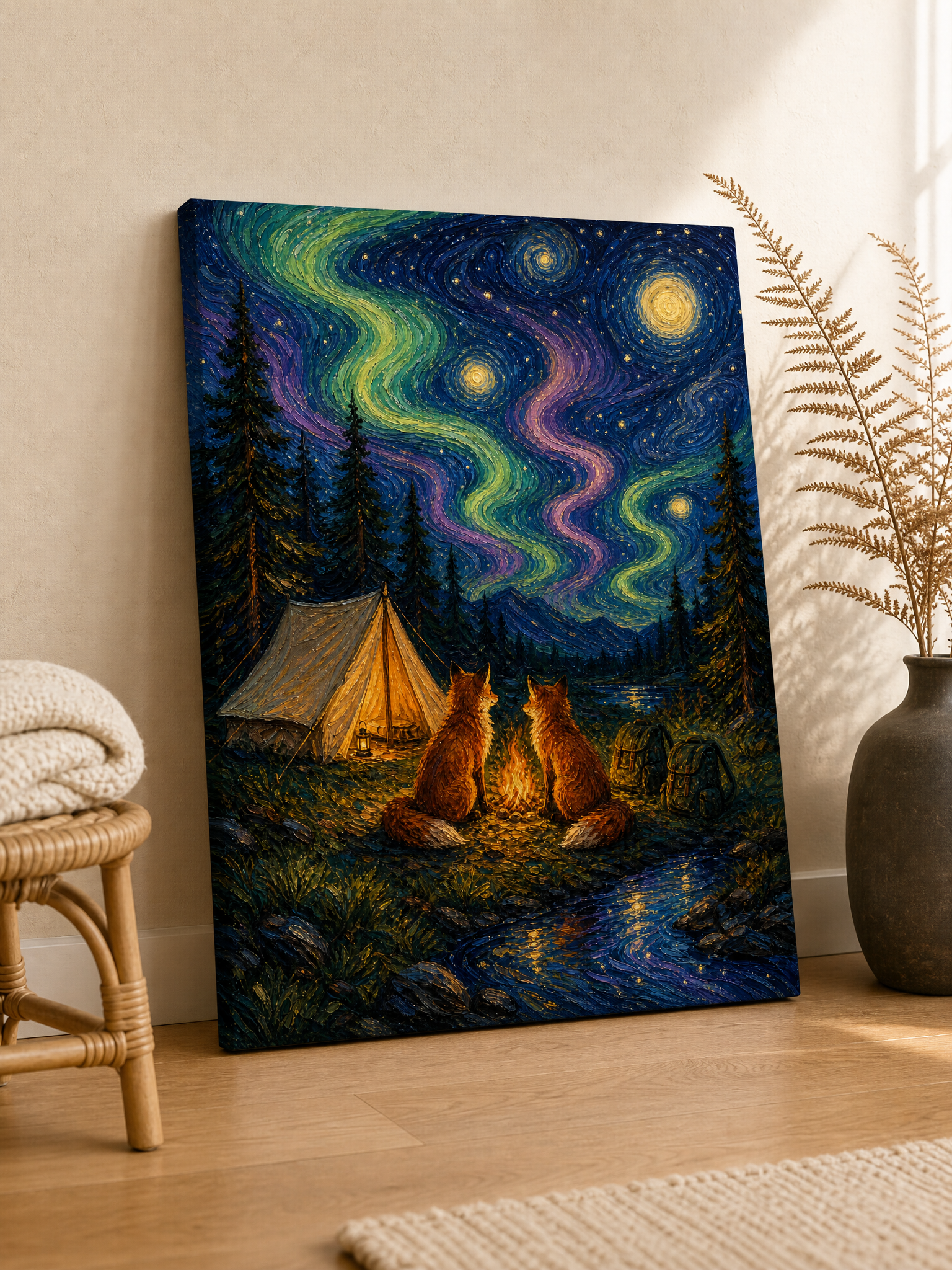 Van Gogh style starry night canvas with two foxes camping under swirling indigo skies, hanging above a wood console in a cozy living room