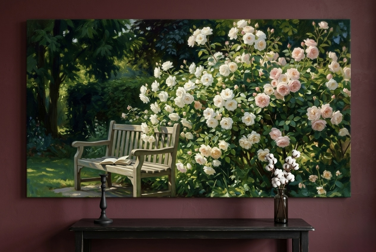 Garden Bench Roses romantic canvas in blush pink, creamy white, sage green, and golden light styled in a couples bedroom