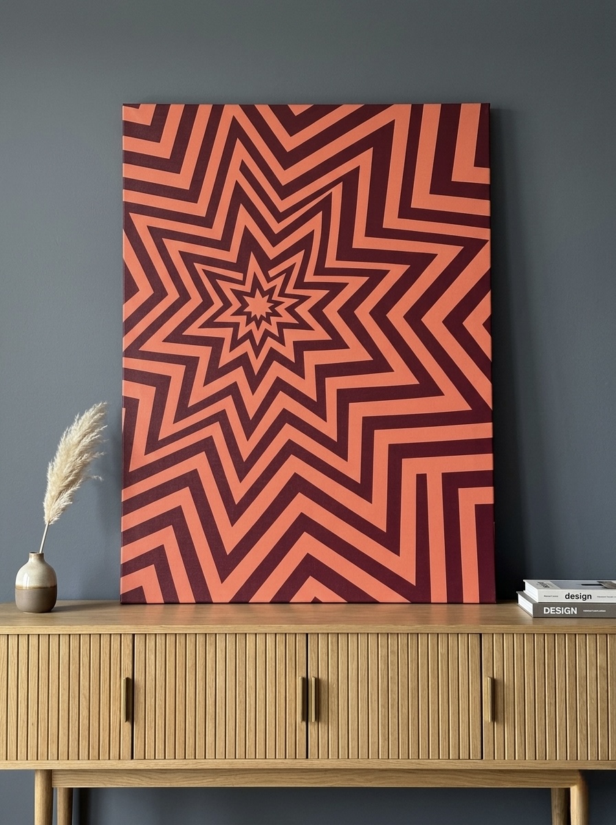 Geometric starburst canvas print displayed in a room setting, demonstrating statement wall art sizing